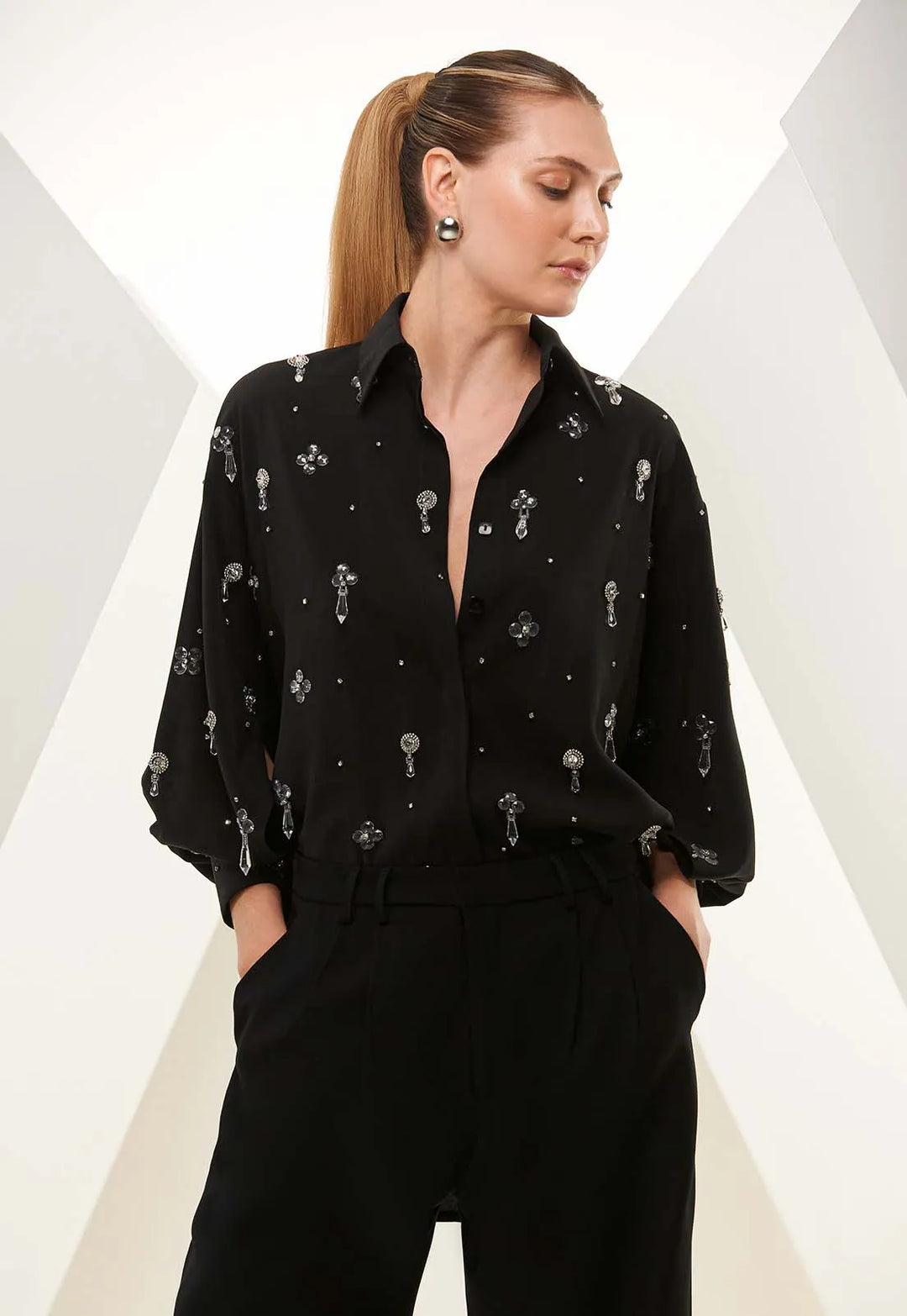 Embroidered Tailored Shirt with Chaos Brooch