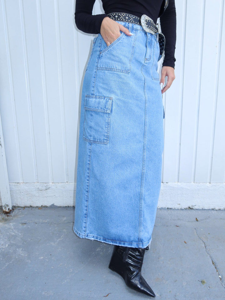 Long Cargo Jeans Skirt