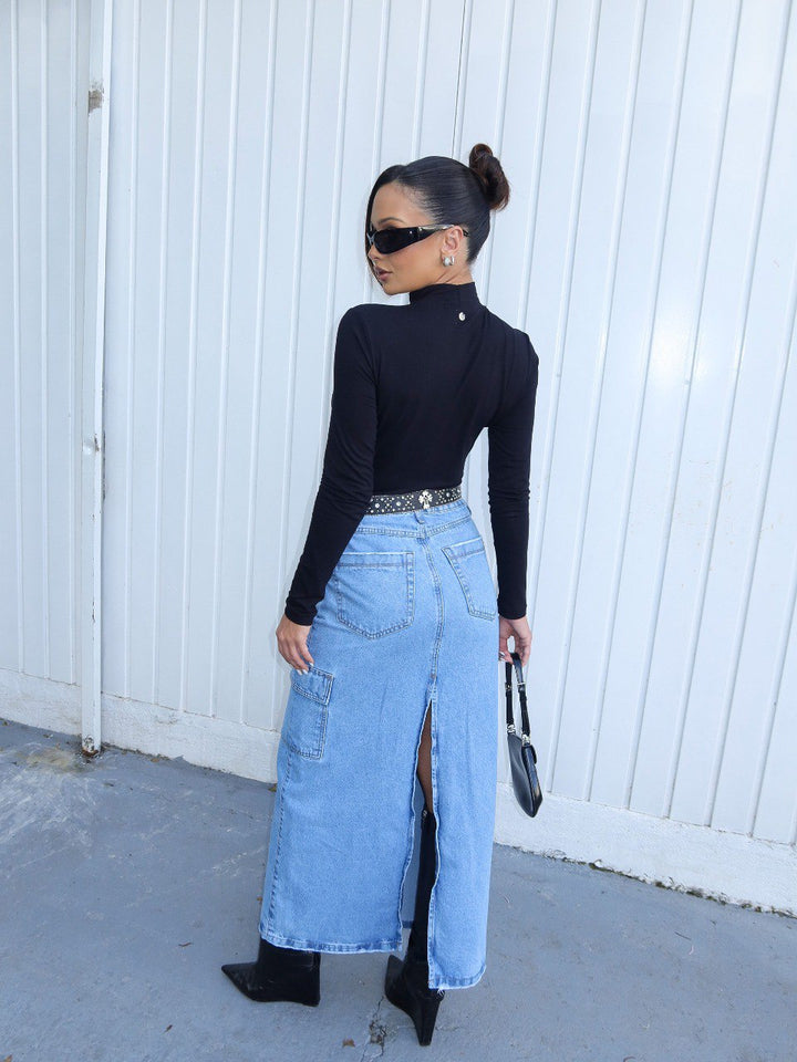 Long Cargo Jeans Skirt