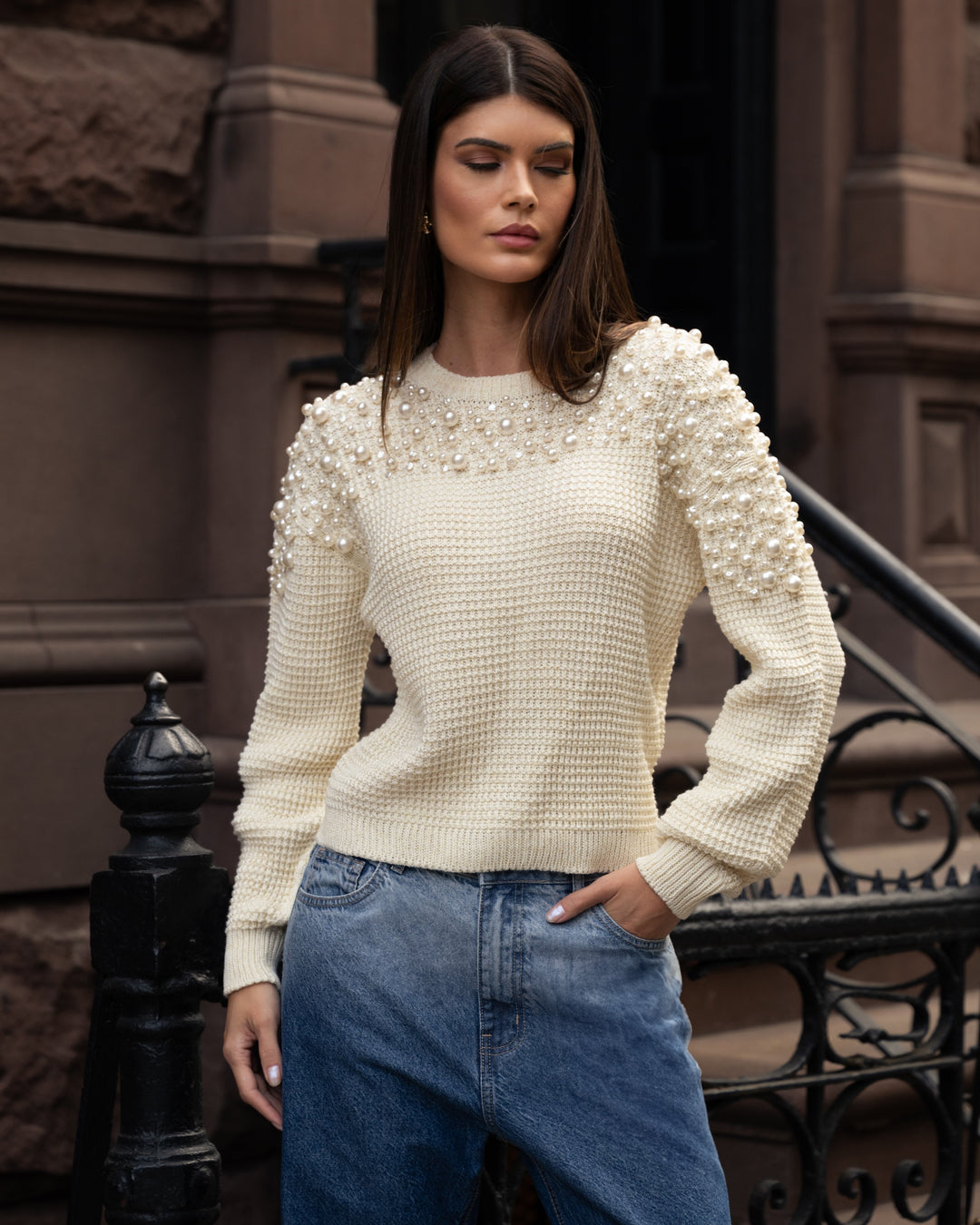 Blusa Tricot Bordado Pérola