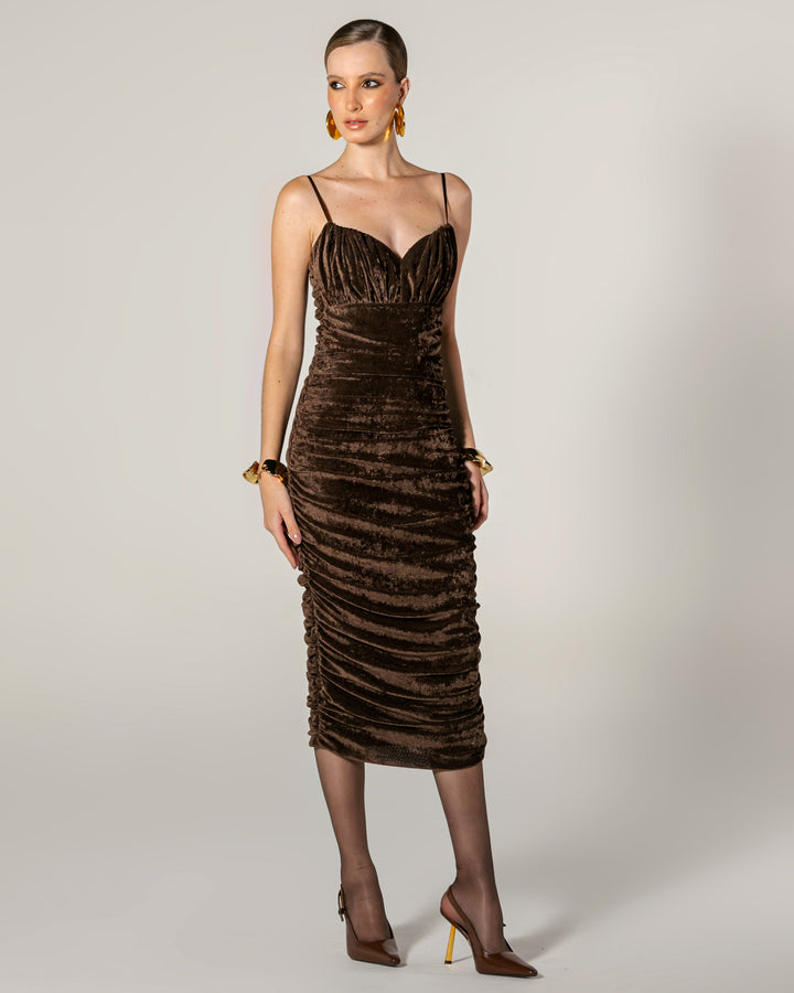 Draped Velvet Tulle Midi Dress