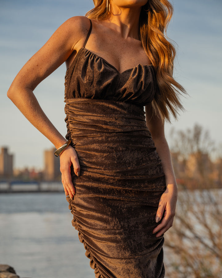 Draped Velvet Tulle Midi Dress