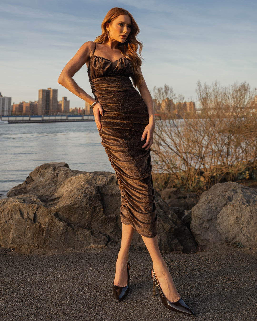 Draped Velvet Tulle Midi Dress