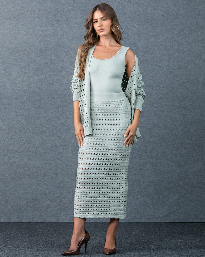 Conjunto Saia Midi+Cardigan+Regata