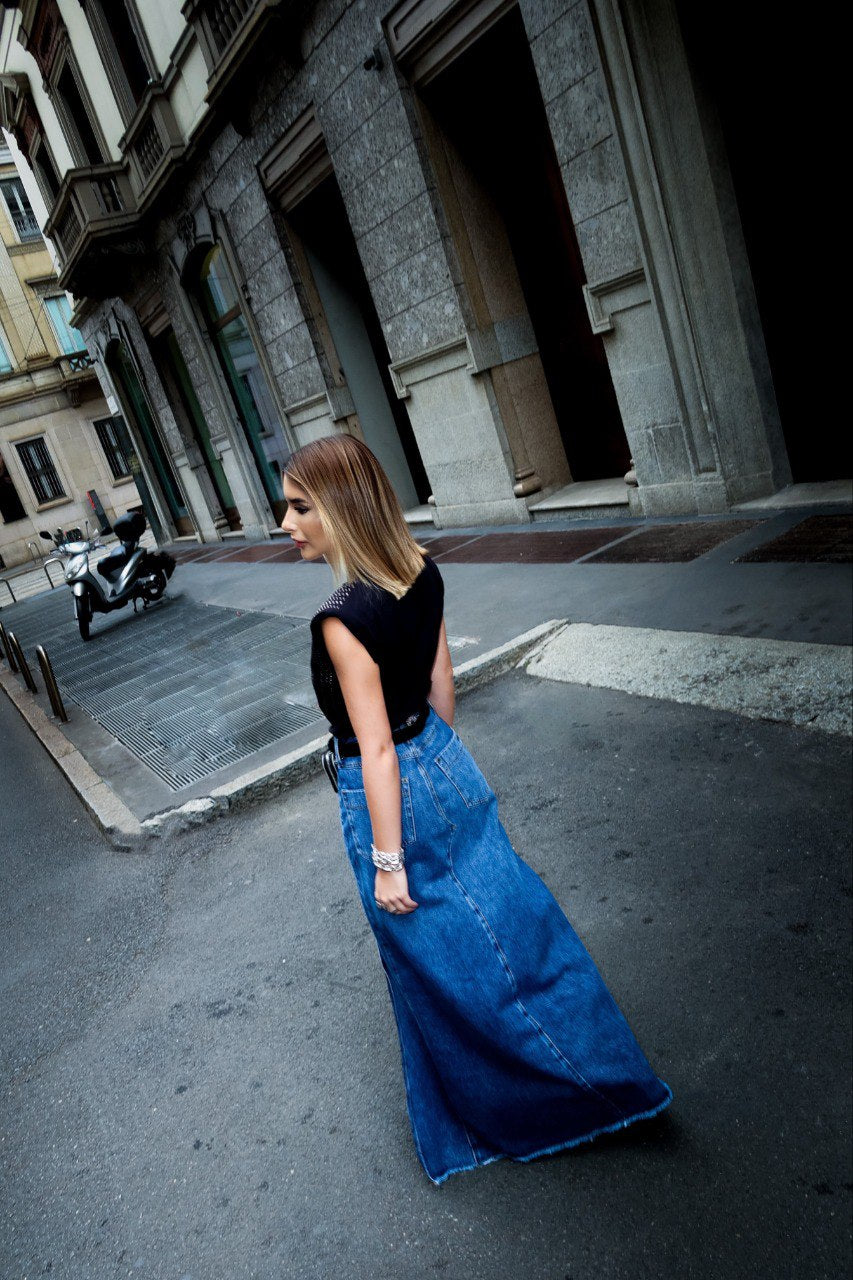 Long Denim Skirt with Cutouts