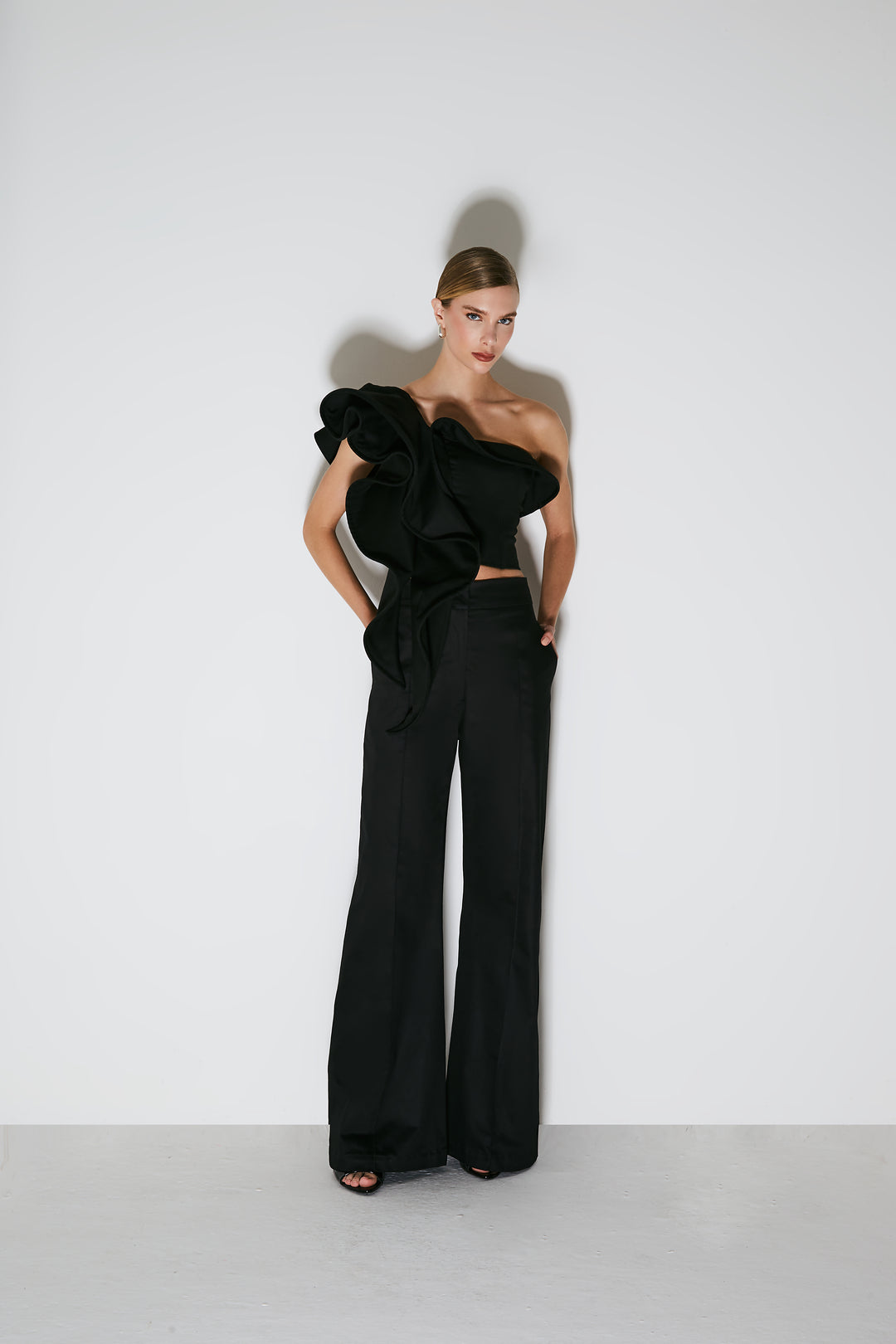 Structured Cascade Ruffle Crop Top